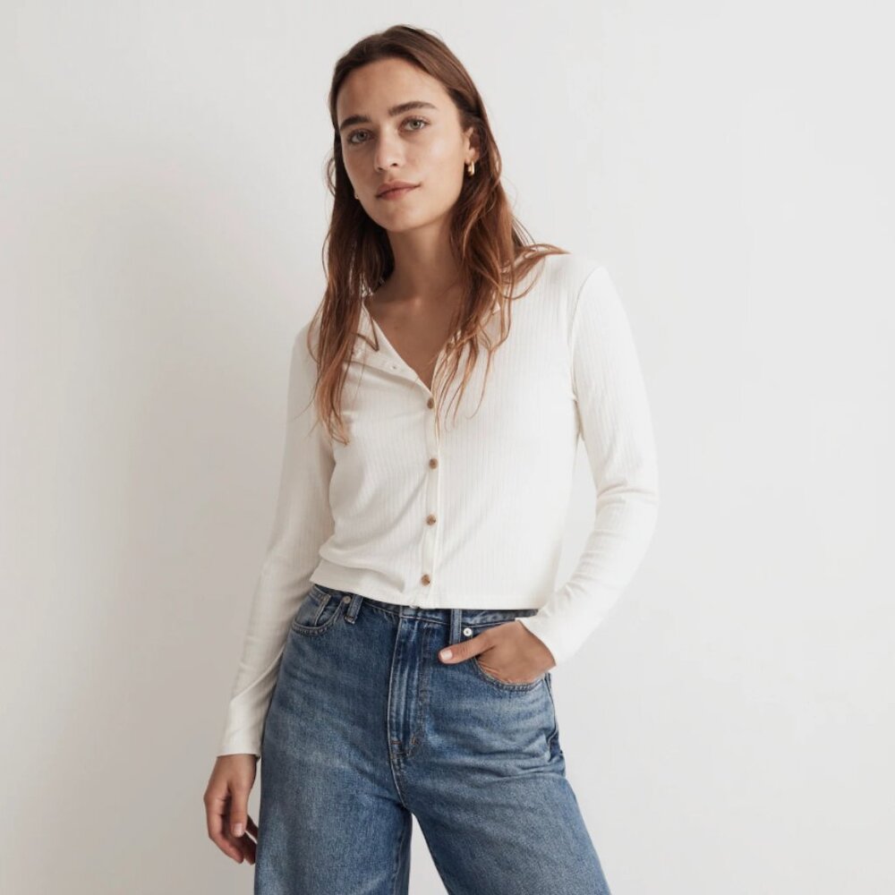 Madewell Cream Ribbed Button-Front Long Sleeve Cardigan
